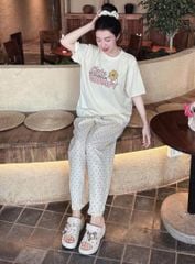 TQ4118-Set áo thun in chữ, quần dài chấm bi +dây cột tóc