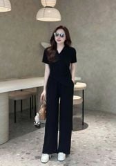 TQ1764-Set thun áo cổ V phối nút, quần suông Đen
