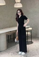 TQ1764-Set thun áo cổ V phối nút, quần suông Đen