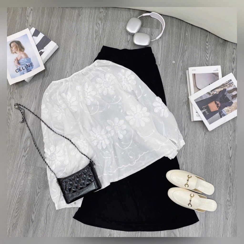VGU9968 SET ÁO HOA THÊU 3D TRẮNG, CV DÀI ĐEN