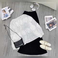 VGU9968 SET ÁO HOA THÊU 3D TRẮNG, CV DÀI ĐEN