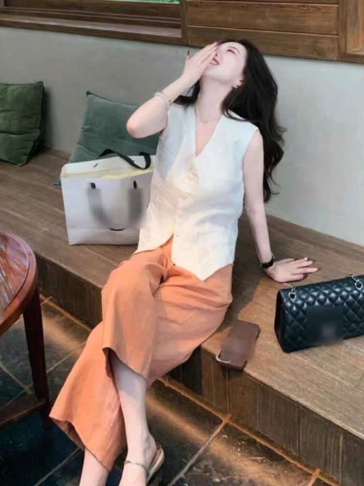 KS0565 - Set Linen Áo Gile, Quần Suông