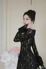 VGU9971 - Đầm Ren Tay Loe Màu Đen + Kèm Tag Hoa