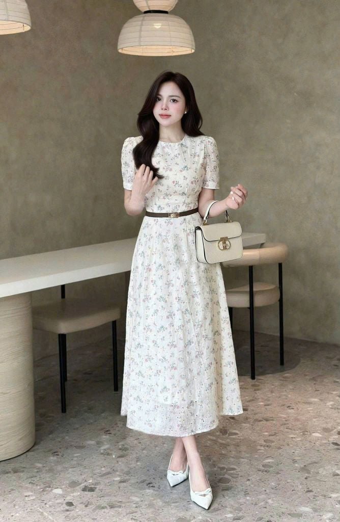TQ1766 - Đầm Hoa Kem Hồng (ko kèm nịt)