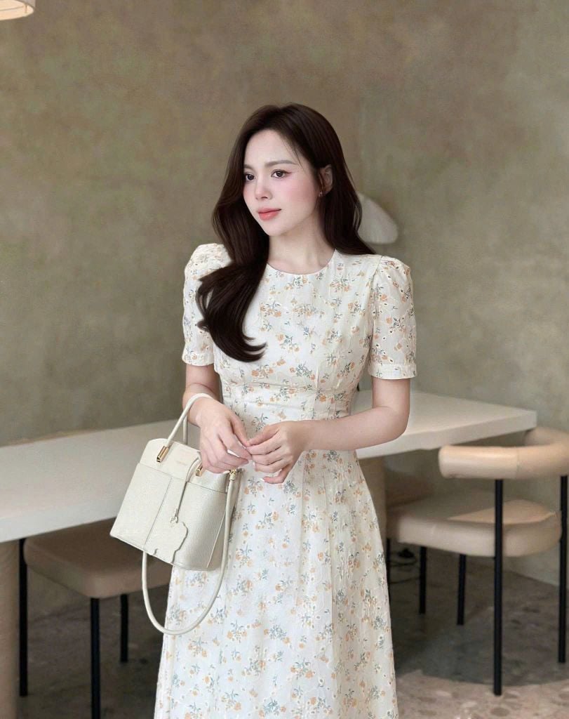 TQ1766 - Đầm Hoa Kem Hồng (ko kèm nịt)