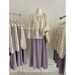 LEN2369-Set áo hoa thêu CC, CV tơ Hồng