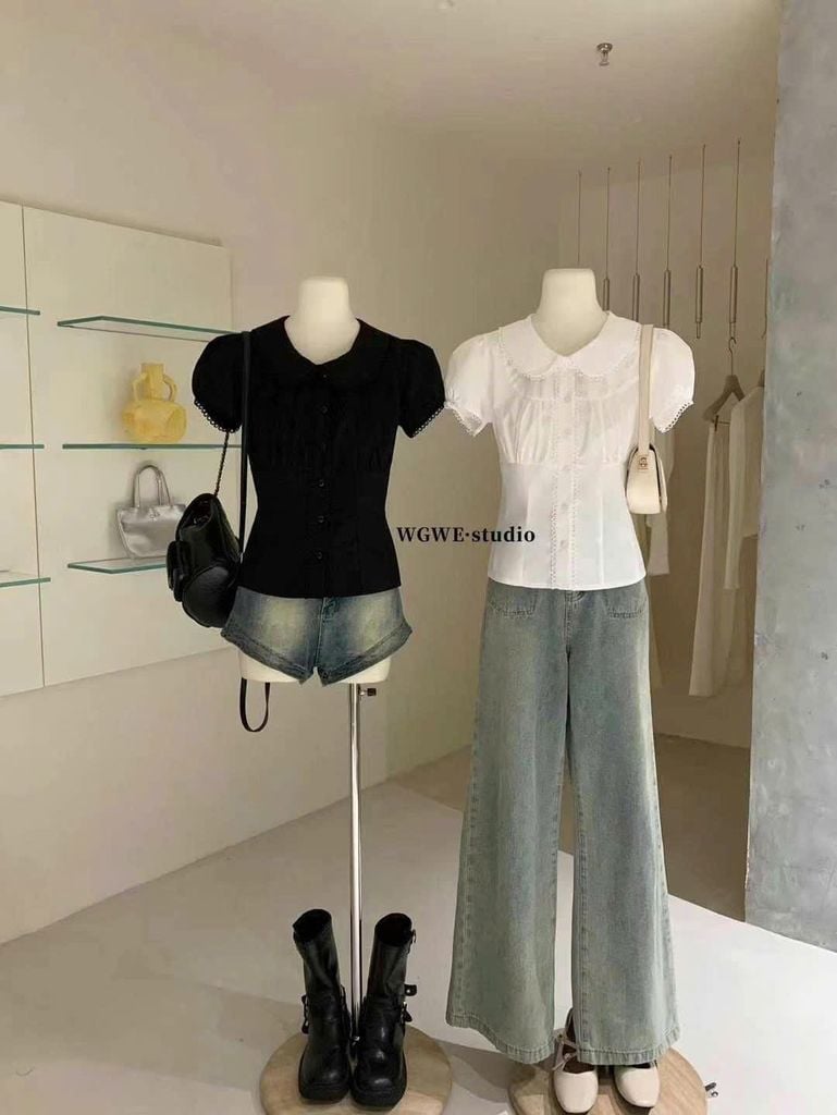 LEN2482 SƠMI WGWE CỔ SEN VIỀN REN (ĐEN)