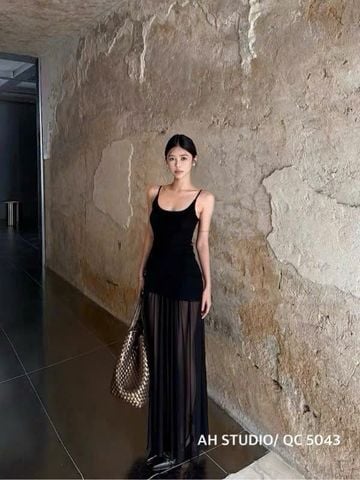 LEN2472 ĐẦM THUN 2DÂY PHỐI LƯỚI (ĐEN)
