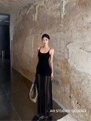 LEN2472 ĐẦM THUN 2DÂY PHỐI LƯỚI (ĐEN)