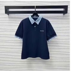 LEN2465 Áo Thun Miu phối cổ Sơmi caro (X.Đen)