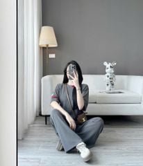 VGU9997-Set basic áo tay sọc phối cổ, quần suông Xám