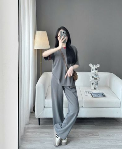 VGU9997-Set basic áo tay sọc phối cổ, quần suông Xám