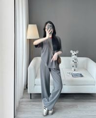 VGU9997-Set basic áo tay sọc phối cổ, quần suông Xám