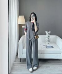 VGU9997-Set basic áo tay sọc phối cổ, quần suông Xám