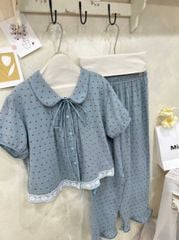 VGU0008-Set chấm bi, áo cổ sen viền ren, quần dài Xanh