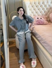 VGU0008-Set chấm bi, áo cổ sen viền ren, quần dài Xanh