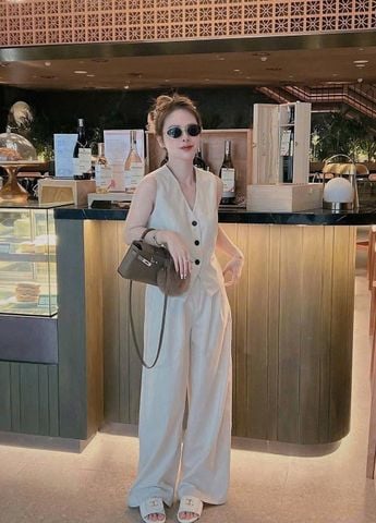 TQ1768-Set linen áo gile, quần dài Kem