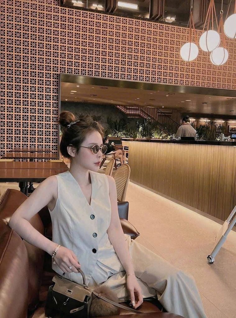 TQ1768-Set linen áo gile, quần dài Kem