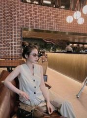 TQ1768-Set linen áo gile, quần dài Kem