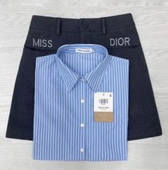 TQ4130-Set áo sơ mi sọc xanh, CV ngắn thêu chữ Xám (2 món)