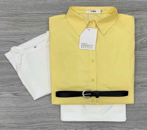 KS0425-Set áo sơ mi +áo thun+quần short kaki + nịt CC (áo Vàng)