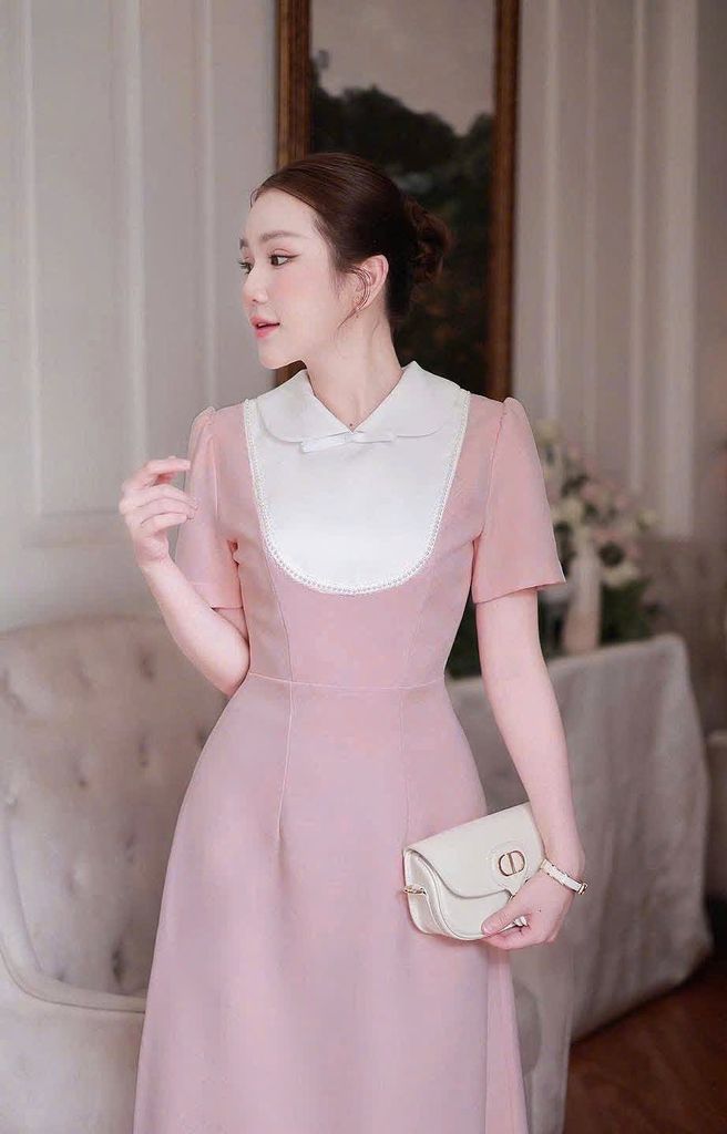 KS0576-Đầm phối cổ viền ren Hồng