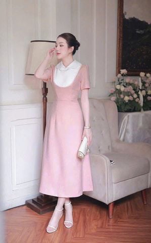 KS0576-Đầm phối cổ viền ren Hồng