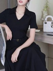 KS5081-Đầm basic cổ V kèm nịt Đen