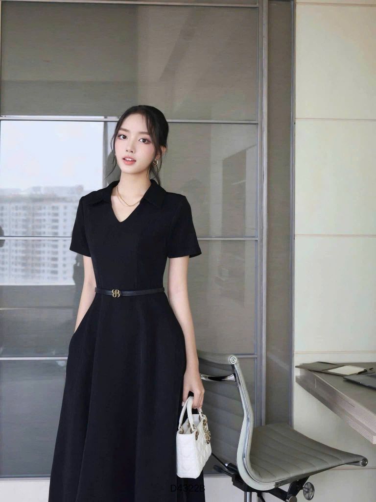 KS5081-Đầm basic cổ V kèm nịt Đen