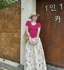 KS0587-Set áo thun body, CV dài in hoa