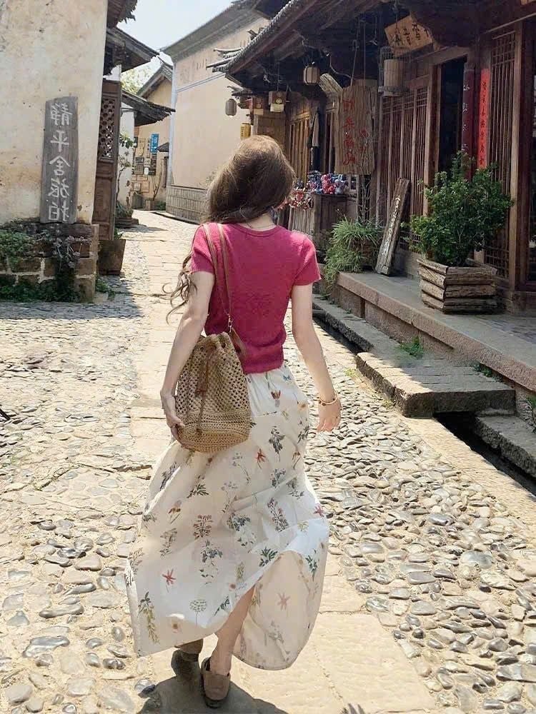 KS0587-Set áo thun body, CV dài in hoa