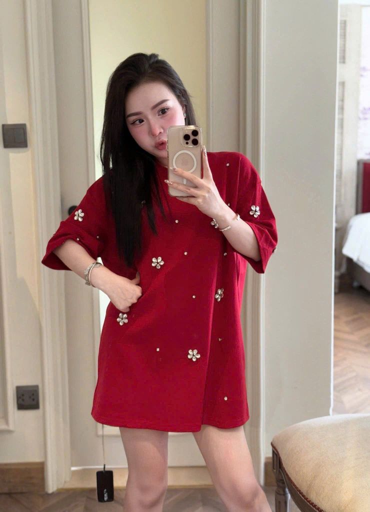 TQ4139-Áo thun đính đá Đỏ (áo lẻ)