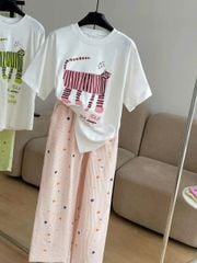 TB8068-Set áo in mèo, quần dài sọc họa tiết Xanh