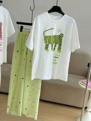 TB8068-Set áo in mèo, quần dài sọc họa tiết Xanh