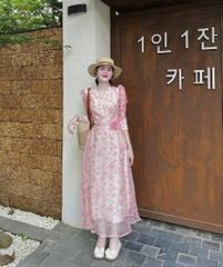 VGU0026-Đầm tơ hoa cổ V phối viền+dây cột eo Hồng