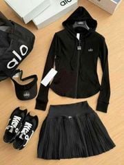 VGU0027-Set áo khoác +CV ngắn xếp ly thêu alo Đen
