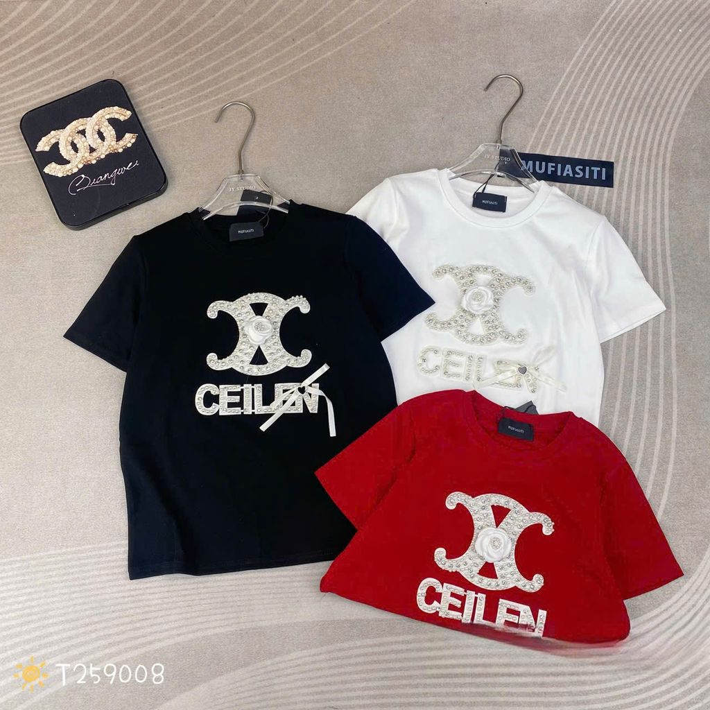 LEN2671-Áo thun logo đính ngọc Trắng