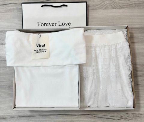 VRA0560-Set áo thun bệt vai, CV ren lưới Trắng