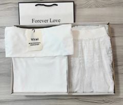 VRA0560-Set áo thun bệt vai, CV ren lưới Trắng