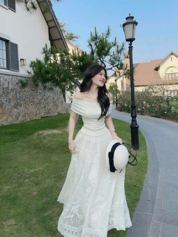 VRA0560-Set áo thun bệt vai, CV ren lưới Trắng