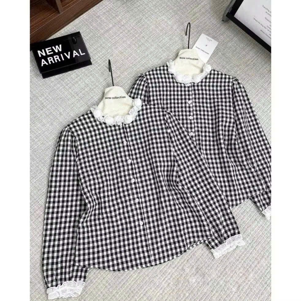 KS0610-Áo sơ mi caro cổ viền ren đính hoa (áo lẻ)