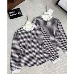 KS0610-Áo sơ mi caro cổ viền ren đính hoa (áo lẻ)