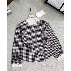 KS0610-Áo sơ mi caro cổ viền ren đính hoa (áo lẻ)