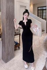 TQ4166 - Đầm dài phối nút họa tiết tim Đen