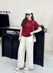 TQ4173-Set áo thun đỏ thêu chữ, quần linen phối viền ren