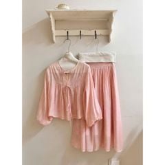 LEN2688 SET ÁO TAY BO THẮT NƠ, CV DÀI (HỒNG)