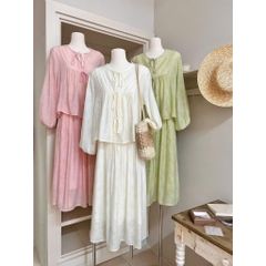 LEN2688 SET ÁO TAY BO THẮT NƠ, CV DÀI (HỒNG)