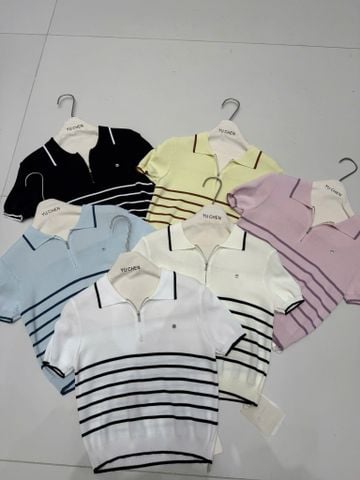 QCC2306-Áo len sọc phối khóa kéo đính charm Kem