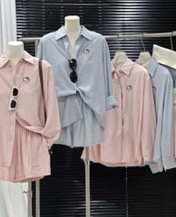 TB8044-Set áo sơ mi thêu kitty, quần short sọc Hồng (2 món)