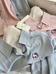 TB8044-Set áo sơ mi thêu kitty, quần short sọc Hồng (2 món)